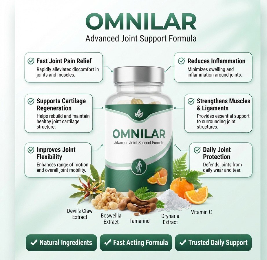 A bottle of Omnilar double-action joint relief capsules on a wooden table beside raw botanical ingredients like Devil’s Claw and Boswellia resin.