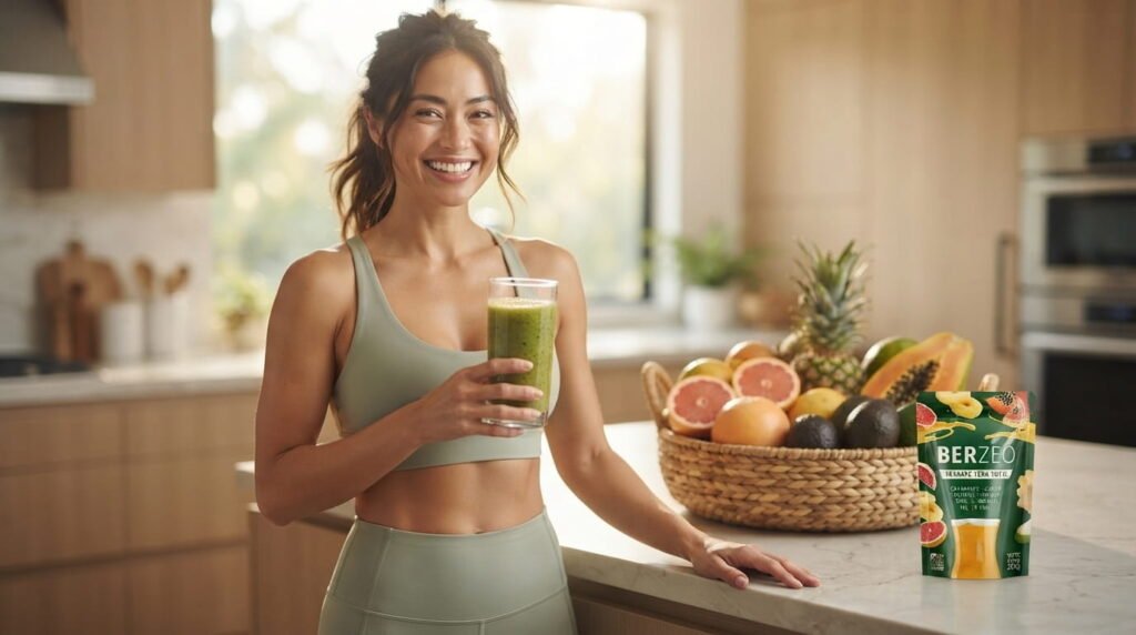 Raw ingredients of Berzeo including Matcha, Pineapple, Ginger, and Turmeric.