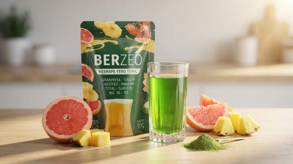 A glass of emerald green Berzeo drink with tropical fruits in the background.