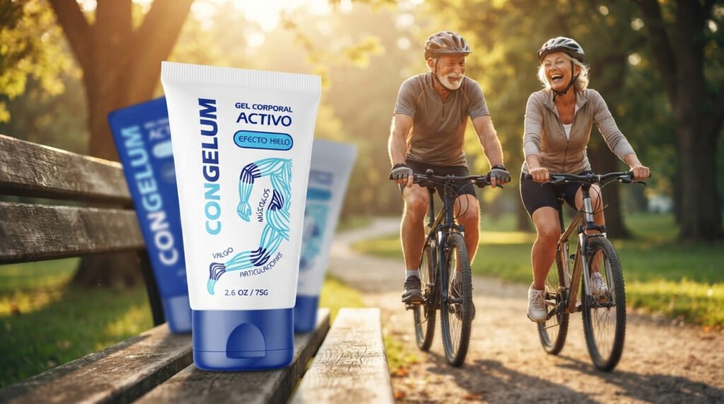A happy elderly couple riding bicycles pain-free after using Congelum joint pain relief gel.