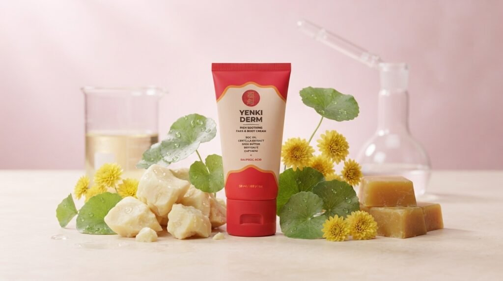 A person applying Yenki Derm cream to a psoriasis-affected area for instant soothing and hydration.
