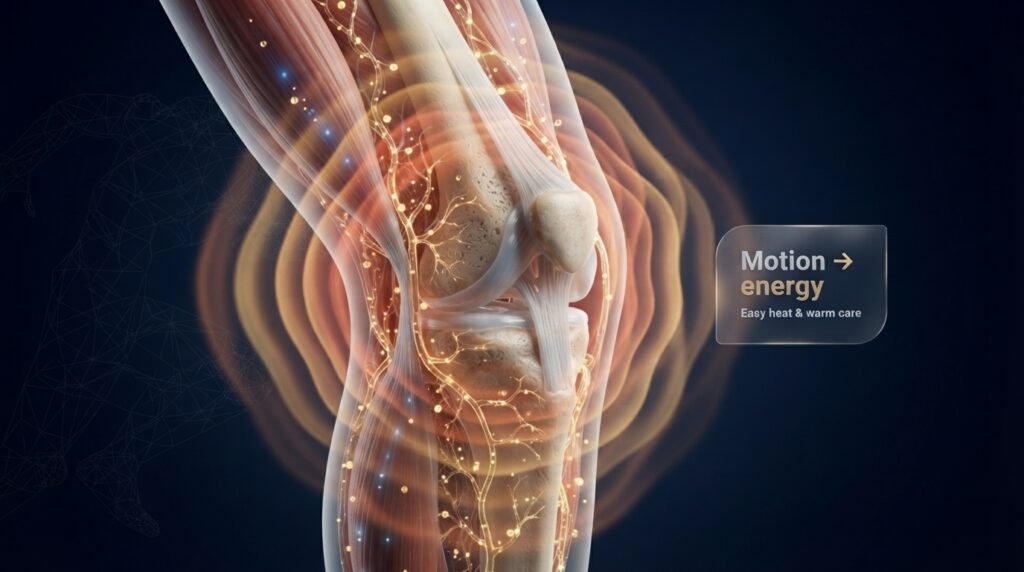 Close-up of applying Motion Energy warming gel to a knee with thermal heat effect.