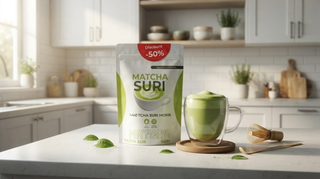 A cup of Matcha Suri green instant drink showing its vibrant color and weight loss benefits.