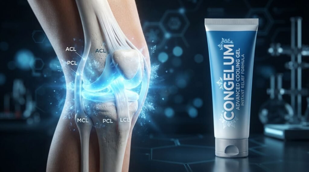 3D medical visualization of knee joint relief with cooling Congelum pain relief formula.