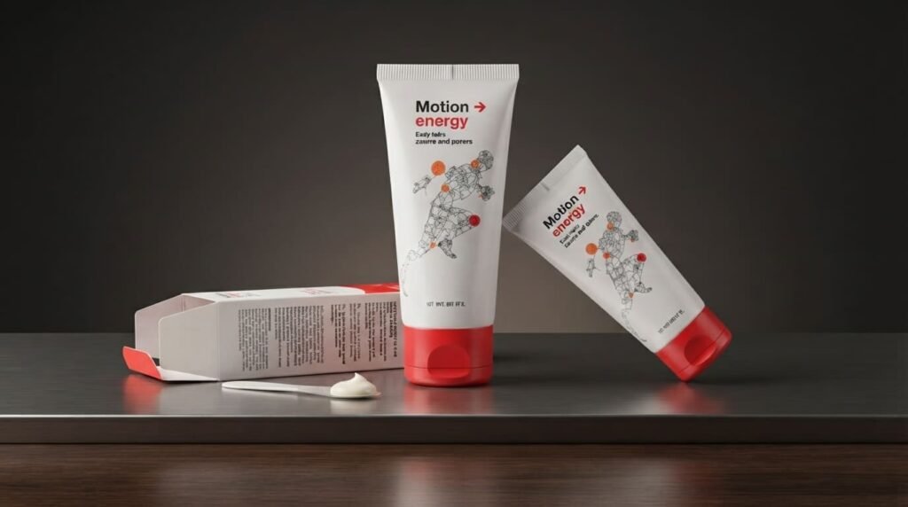 Motion Energy gel tube applied on a sore knee joint for fast pain relief