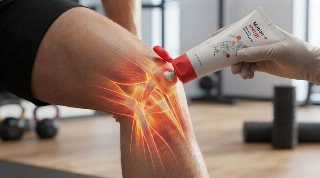 Close-up of applying Motion Energy warming gel to a knee with thermal heat effect.