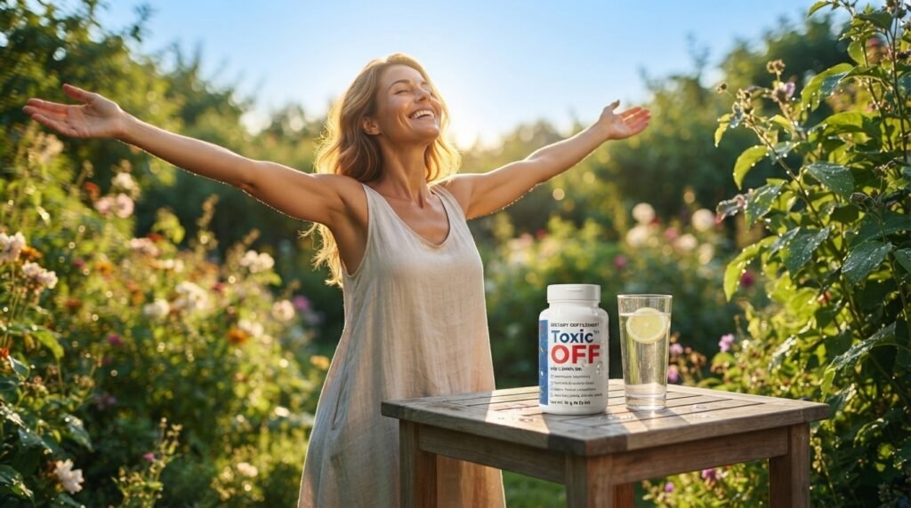 Woman feeling energetic and refreshed after body detox with Toxic OFF.