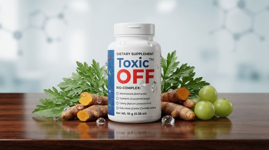 Toxic OFF supplement bottle surrounded by natural detox herbs and clean water