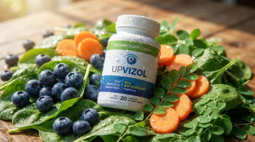 UpVizol vision support capsules bottle surrounded by fresh blueberries and natural botanicals