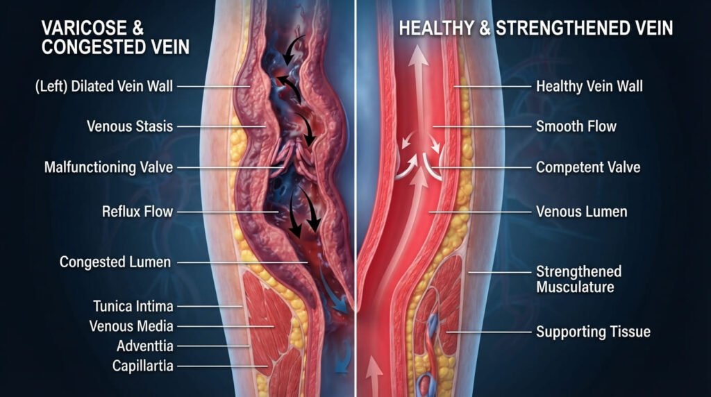 A realistic comparison of legs with spider angiomas before and after applying Veniselle vein tonic.