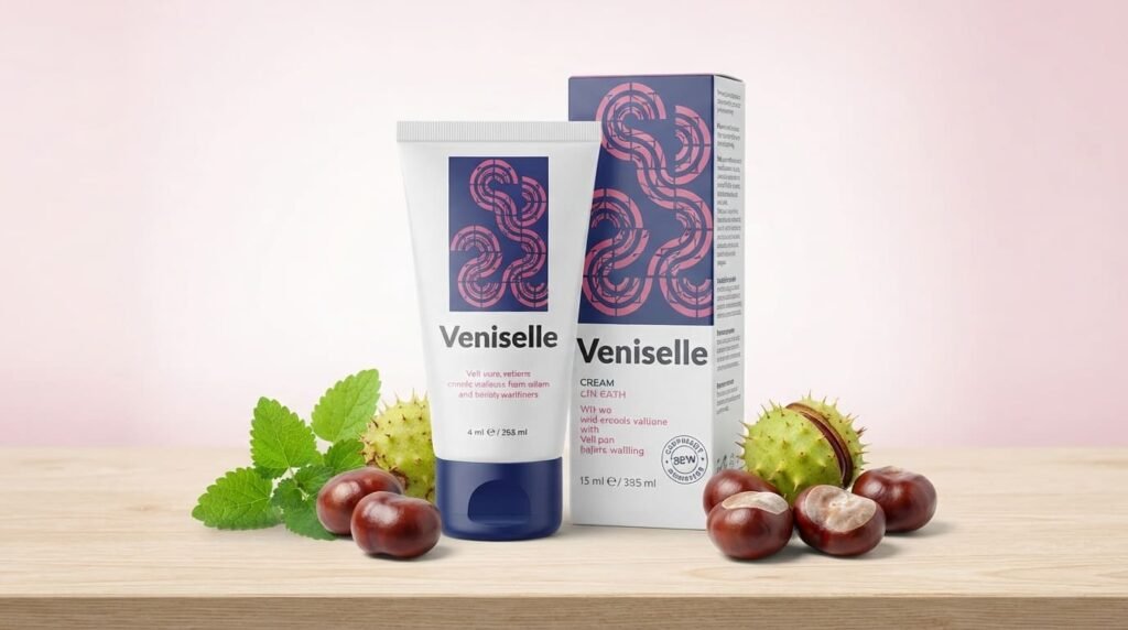 Original Veniselle varicose veins cream packaging with natural horse chestnut ingredients.