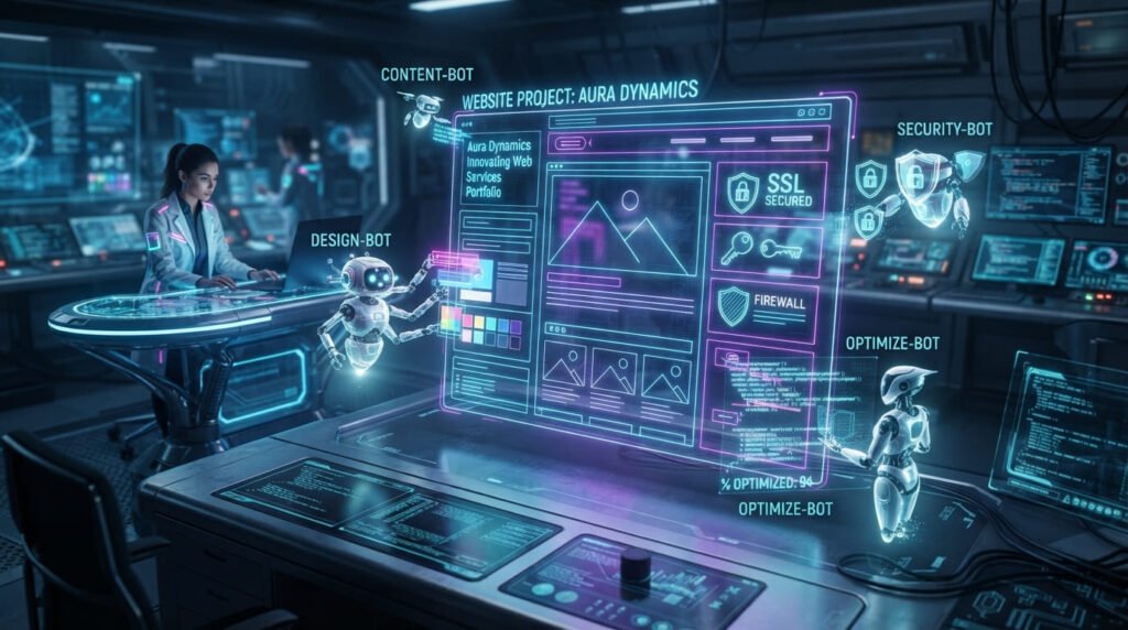 cinematic sites ai bundle Several futuristic holographic AI agents collaborating to build and design a 3D website wireframe